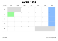 calendrier avril 1931 au format paysage