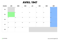 calendrier avril 1947 au format paysage