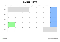 calendrier avril 1976 au format paysage
