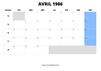 calendrier avril 1986 au format paysage