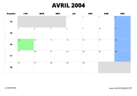 calendrier avril 2004 au format paysage