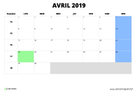 calendrier avril 2019 au format paysage