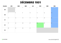 calendrier décembre 1931 au format paysage