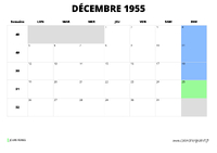 calendrier décembre 1955 au format paysage