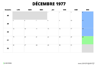 calendrier décembre 1977 au format paysage