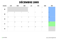 calendrier décembre 2005 au format paysage