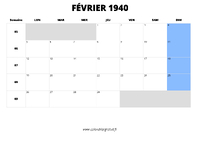 calendrier février 1940 au format paysage