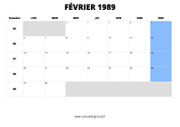 calendrier février 1989 au format paysage