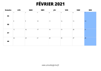 calendrier février 2021 au format paysage