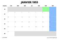 calendrier janvier 1955 au format paysage