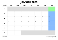 calendrier janvier 2023 au format paysage