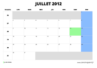 calendrier juillet 2012 au format paysage
