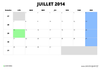 calendrier juillet 2014 au format paysage