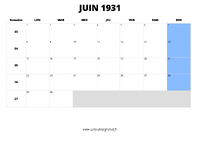 calendrier juin 1931 au format paysage