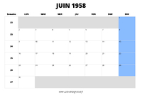 calendrier juin 1958 au format paysage