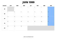 calendrier juin 1999 au format paysage