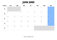 calendrier juin 2005 au format paysage