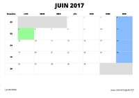 calendrier juin 2017 au format paysage