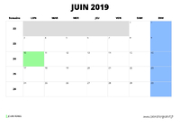 calendrier juin 2019 au format paysage