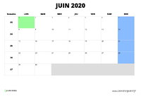 calendrier juin 2020 au format paysage