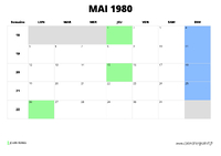 calendrier mai 1980 au format paysage