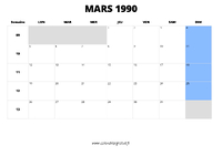 calendrier mars 1990 au format paysage