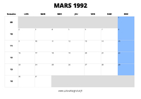 calendrier mars 1992 au format paysage