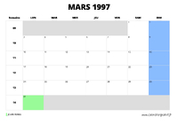 calendrier mars 1997 au format paysage
