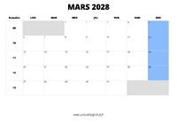 calendrier mars 2028 au format paysage