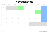 calendrier novembre 1933 au format paysage