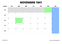 calendrier novembre 1941 au format paysage