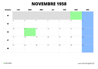 calendrier novembre 1958 au format paysage