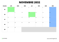 calendrier novembre 2032 au format paysage