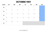 calendrier octobre 1951 au format paysage