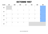 calendrier octobre 1957 au format paysage