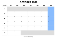 calendrier octobre 1989 au format paysage