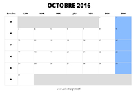 calendrier octobre 2016 au format paysage
