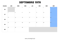 calendrier septembre 1970 au format paysage