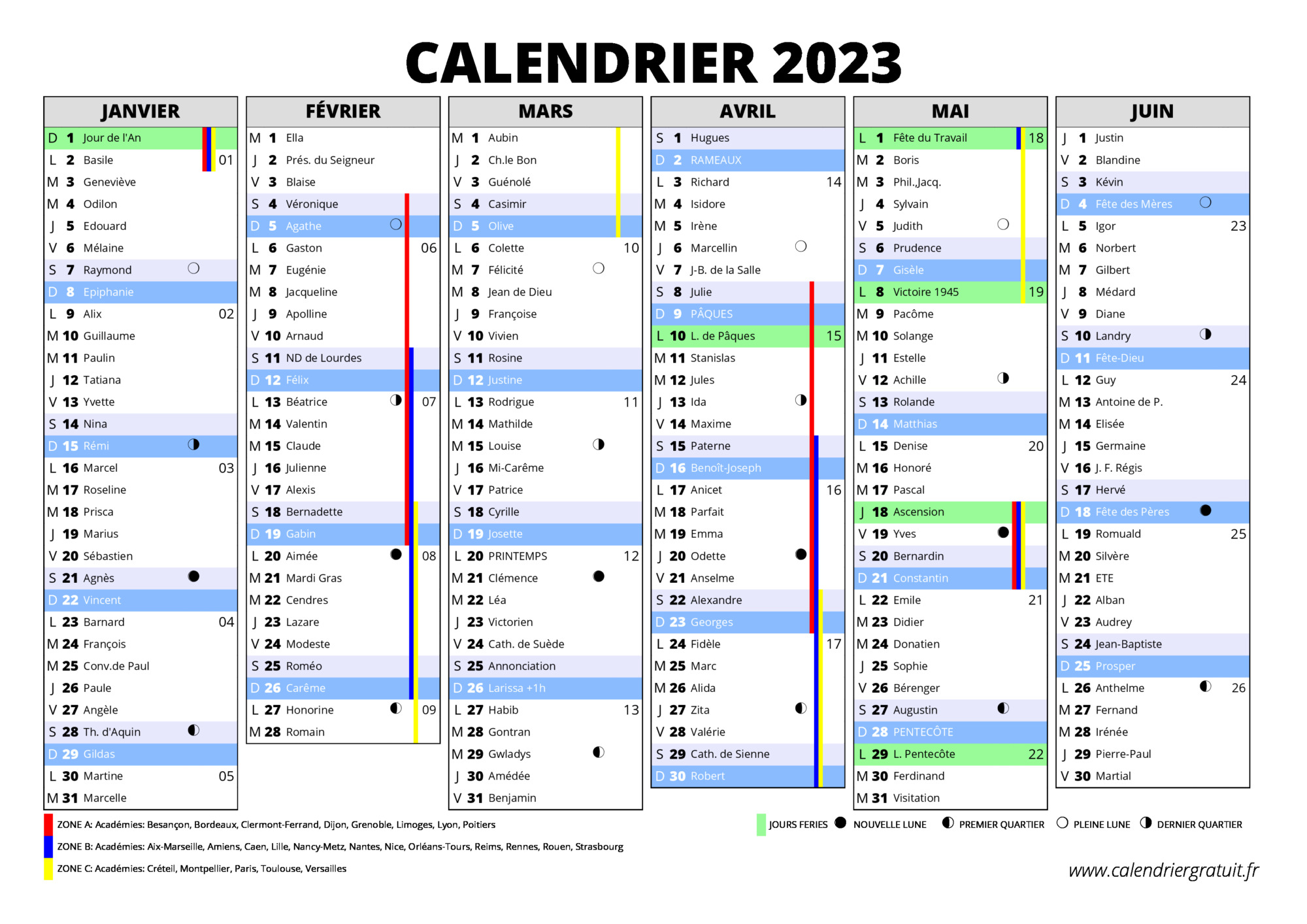 Calendrier 2023 avec vacances scolaires et jours fériés à imprimer