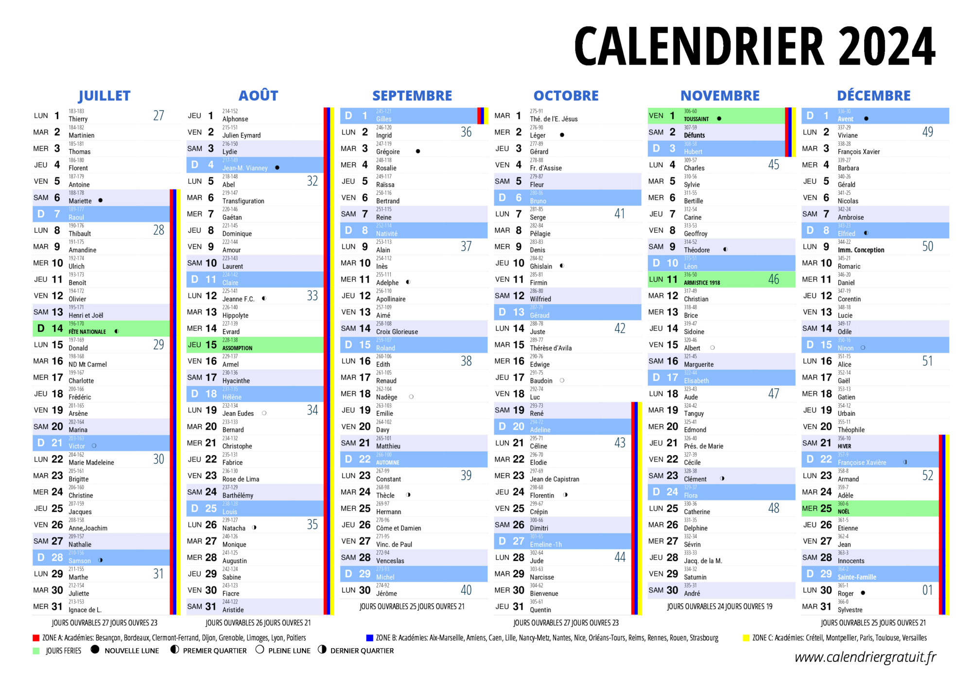 Calendrier hebdomadaire 2024 Excel, Word et PDF