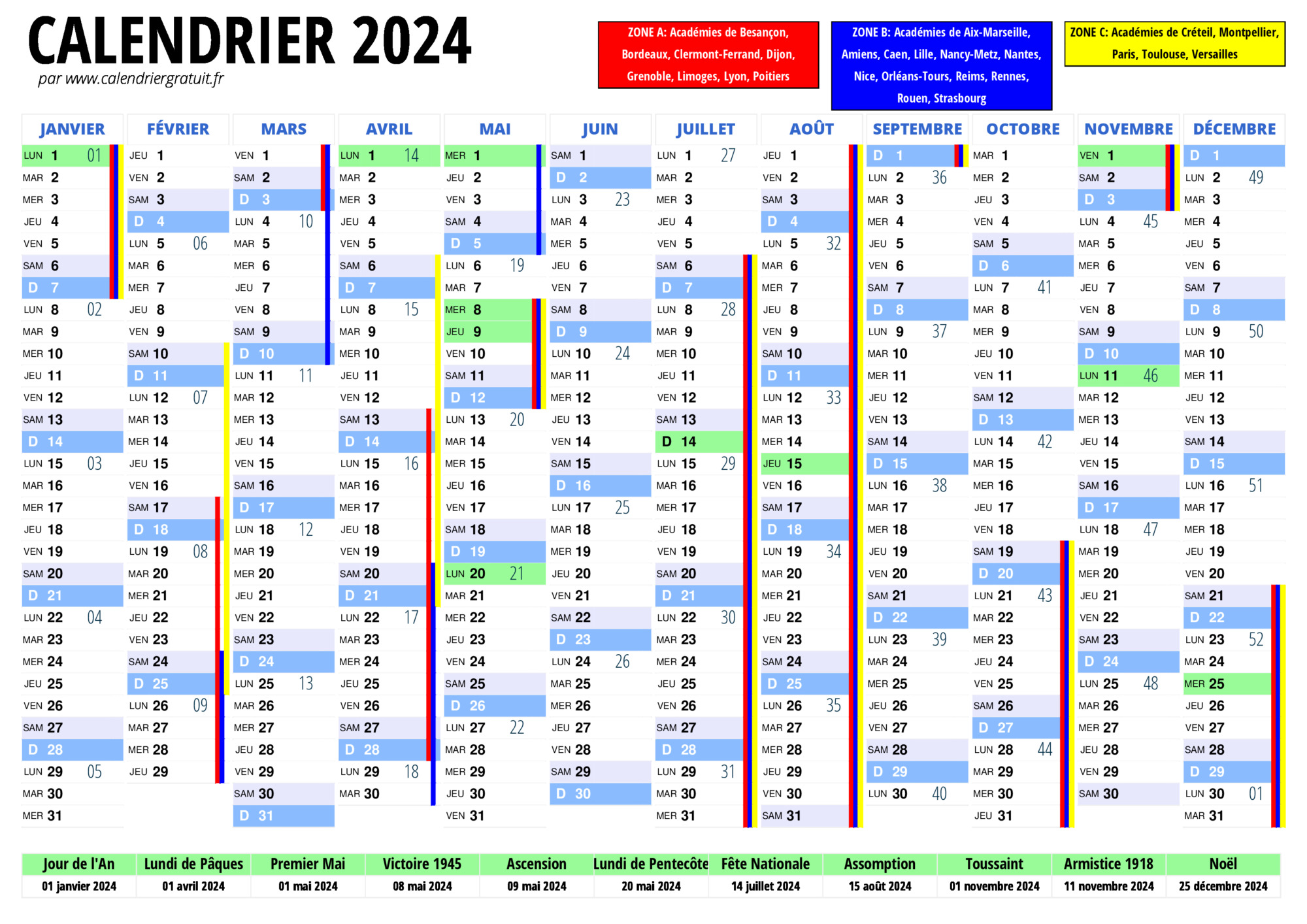 Calendrier hebdomadaire 2024 Excel, Word et PDF