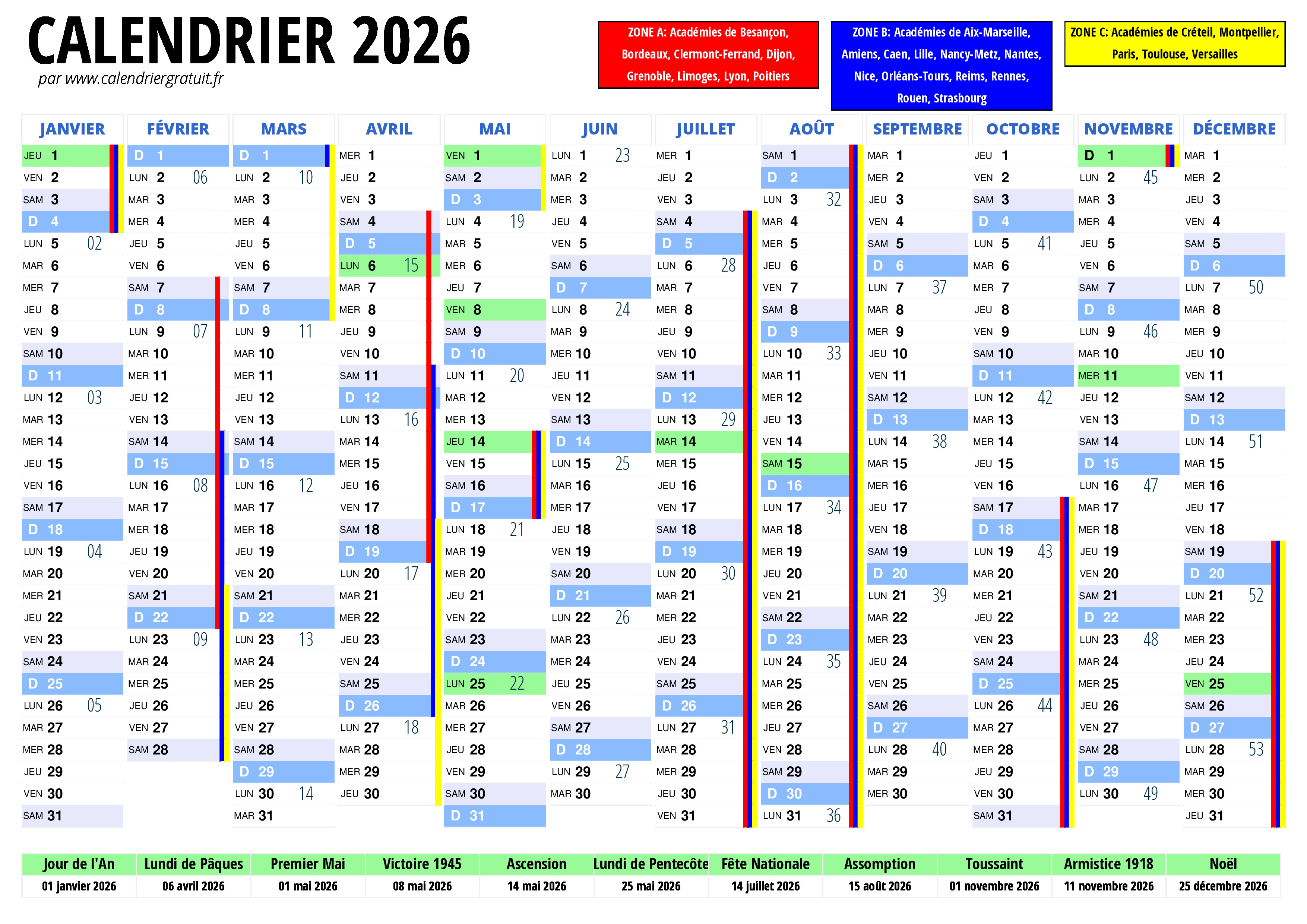 Calendrier 2026 Excel