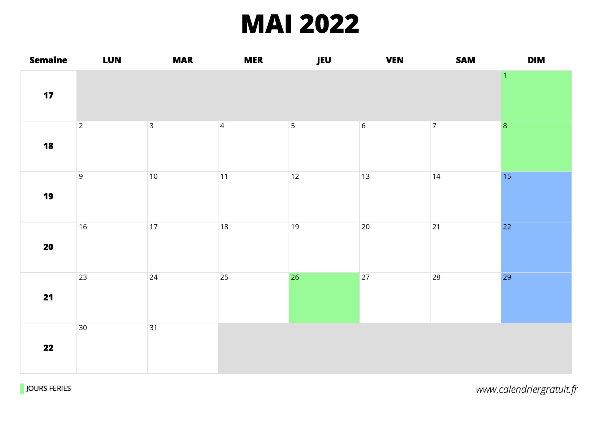Calendrier Mai 2022 Avec Jours Fériés calendrier mai 2022