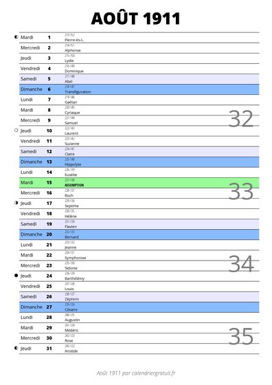 calendrier août 1911 au format portrait pour prendre des notes