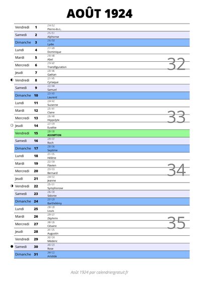 calendrier août 1924 au format portrait pour prendre des notes