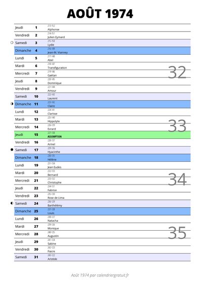 calendrier août 1974 au format portrait pour prendre des notes