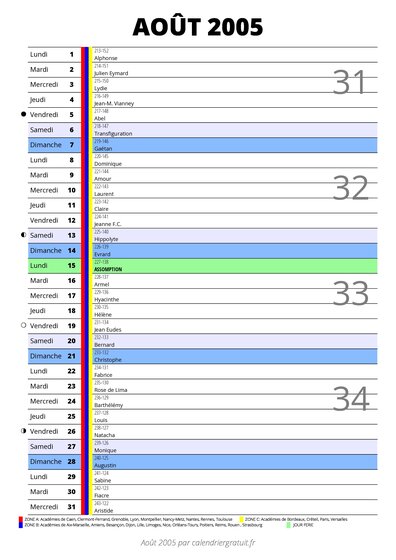 calendrier août 2005 au format portrait pour prendre des notes
