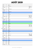 calendrier août 2039 au format portrait pour prendre des notes