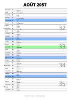 calendrier août 2057 au format portrait pour prendre des notes