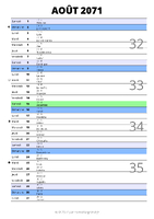 calendrier août 2071 au format portrait pour prendre des notes